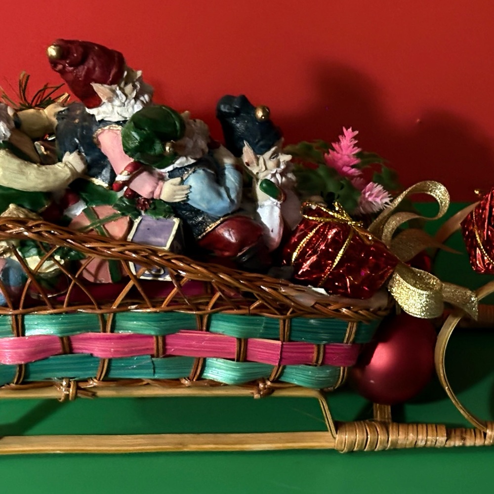Christmas Elf Sleigh Centerpiece -Wicker Sleigh with Presents & 4 Gnome Elves